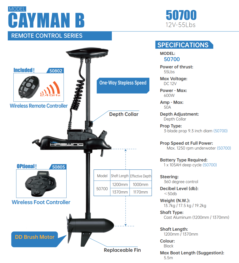 CAYMAN BOW MOUNT TROLLING MOTOR 12V 55Lbs